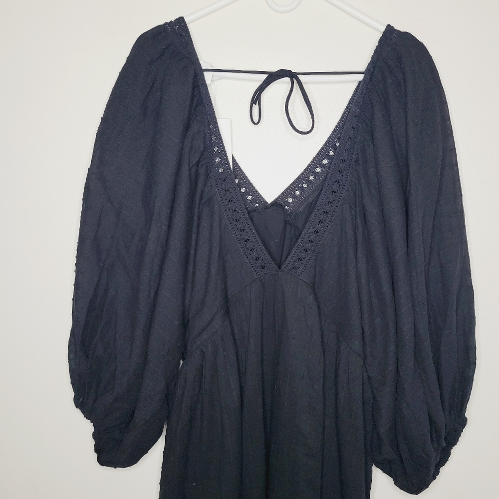 H&M Influencer Dress Balloon Sleeve Cotton Crotchet V-Neck Medium Black Vacation - Picture 12 of 15